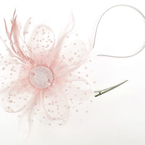 DRESHOW Fascinators Hat Flower Mesh Ribbons Feathers on a Headband and a Clip Tea Party Headwear for Girls and Women - color: 7" Diameter / Blush Pink