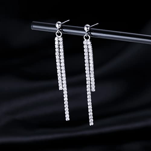 SLUYNZ 925 Sterling Silver Simulated Diamond Drop Earrings Linear Dangle Earrings for Women Teens Eelgant Wedding Bridal Prom Earrings Dainty CZ Long Dangling Earrings Tassel 4.5 cm/7.5 cm - color: A-Silver-4.5cm