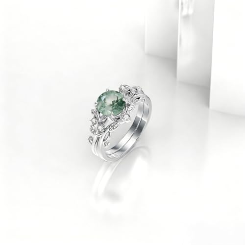 Natural Moss Agate Ring for Women 925 Sterling Silver Pear/Oval/Kite/Heart/Hexagon/Emerald/Coffin Cut Green Leaf Moss Agate Engagement Ring Promise Bridal Set Anniversary Birthday Jewelry Gifts - color: Round Cut Moss Agate
