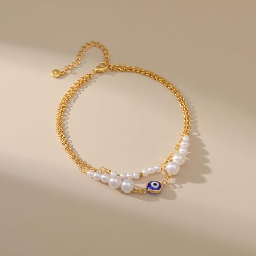 Yumikoo 18k Gold Plated Anklet Ankle Bracelets for Women - style: Evil Eye Pearl