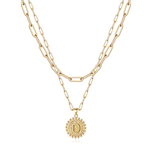 Yoosteel Layered Initial Necklaces for Women Trendy - 14K Gold-Plated Dainty Layering Paperclip Chain Coin Initial Necklace Jewelry Gifts for Women Mom Wife Teen Girls - color: Gold, style: D