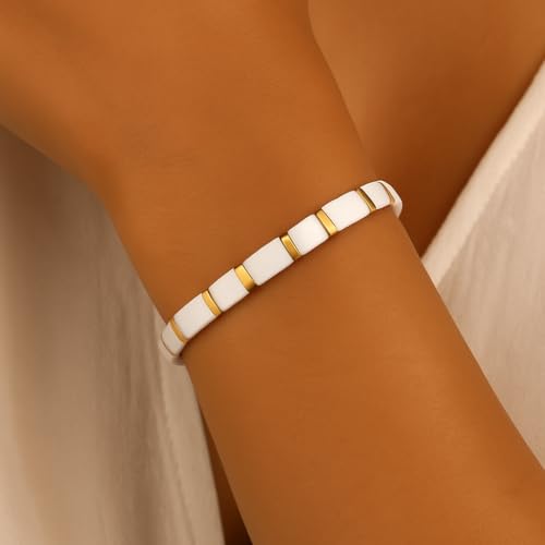 Tila Flat Beaded Stretch Bracelet for Women,Bohemian Friendship Bead Bracelets Handmade Stack Boho Jewelry Accessory for Everyday Wear, Vacation and Friend Gifts - color: white