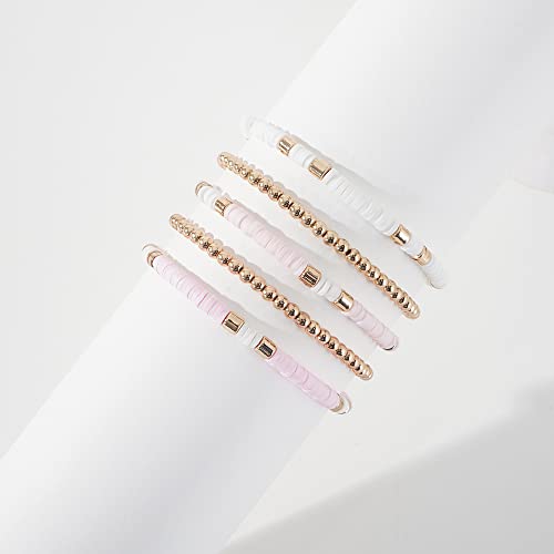 GOOJIDS Surfer Heishi Clay Bead Bracelets for Women Bohemian Stackable Gold Plated Beaded Stretch Bracelets Elastic Layering Friendship Bracelets Set Boho Jewelry - color: C-New Light Pink Sets