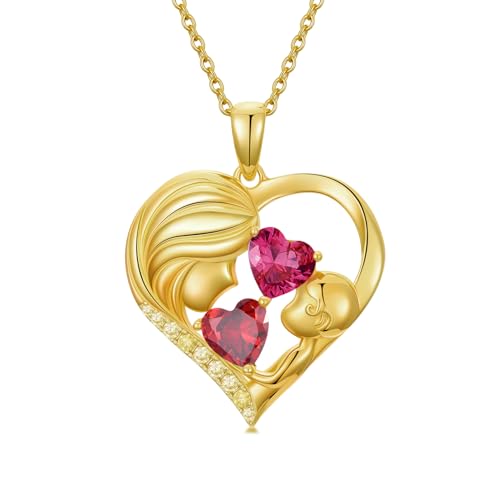 Mothers Day Gifts 14K Yellow Gold Mother Daughter Heart Pendant Necklace with 12 Months Birthstone Birthday Gifts for Mom Anniversarry Jewelry for Mom Wife Girlfriend - color: 01-07-Jan-Jul Birthstone