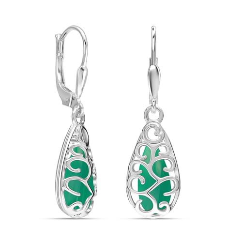 LeCalla 925 Sterling Silver Filigree Dangle Drop Leverback Earrings for Women | Long 925 Silver Dangle Leverback Earrings Hypoallergenic Filigree Tear drop Earrings Jewelry - style: Filigree Green Turquoise-35mm