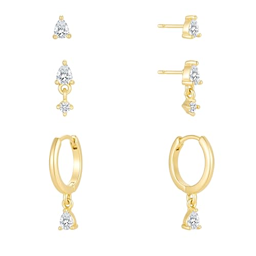 3 Pairs Small Earring Stacks, 14K Gold/Silver/Black/Rose Gold Plated Pearl Heart Butterfly Star Diamond Charm Drop Huggie Earrings Trendy Jewelry Gift for Women - color: Gold-Teardrop