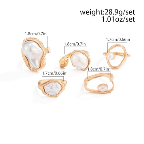 Chunky Gold Pearl Rings for Women Vintage Baroque Pearl Rings Set Open Stacking Pearls Ring Set Irregular Geometric Pearls Ring Boho Prom Costumes Fashion Jewelry Accessories - style: 5PCS B