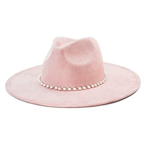 FLUFFY SENSE. Big Wide Brim Fedora Hat for Women - Nashville Outfits Western Hats Women's Felt Panama Rancher Hat - color: Rose Pink