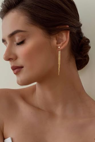 NECOCY Gold Dangle Earrings for Women Non Tarnish 14K Gold Plated Drop Wedding Hypallergenic Earring Dainty Long Hanging Chain CZ Pearl Threader Earrings Trendy Silver Plated Jewelry for Women - style: Gold&Style16