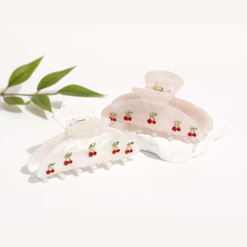 2PCS Cherry Hair Clips for Women Girls – Kawaii Fruit Medium Unique Claw clips, Trendy Handmade Look Acetate Hair Accessories for Thin Hair - color: Cherry Pink and White