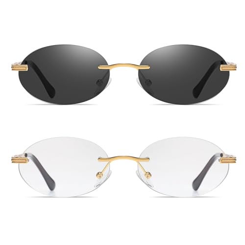 Retro Oval Sunglasses Rimless Small Round Glasses Frameless UV400 Men Women Fashion Shades - color: 2pack (Black + Clear)