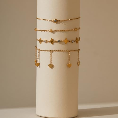 LOFITOR Ankle Bracelets for Women Glitter Waterproof Adjustable Anklet Set for Women 18K Gold Plated Silver Charm Dainty Layered Anklets, Summer Beach Anklet Jewelry for Women - style: Heart Gold