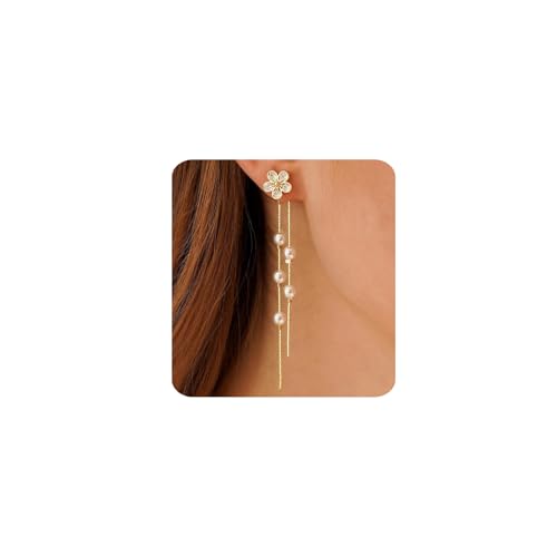 MUMREUES Gold Earrings for Women Trendy 14k Gold Plated Cubic Zirconia Flower Dangle Earrings Hypoallergenic Dainty Pearl Drop Chain Earrings Jewelry Gifts for Her - color: Flower & Gold