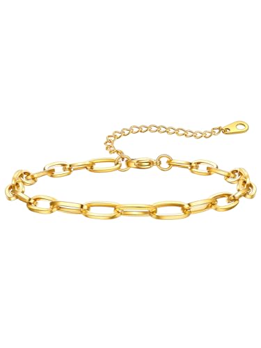 ChainsHouse Ankle Bracelets for Women, Stainless Steel Chain Anklets Waterproof, Women Summer Beach Jewelry Gift, Come with Box - color: 01. 1Pcs-(6mm)-Paperclip-14K Gold