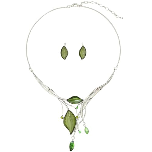 Vintage Chunky Statement Jewelry Set Retro Leaf Floral Geometric Bohemian Boho Bib Necklace Earring Set Fashion Costume Jewelry for Women Girls Wedding Party Prom Unique Gift - style: 2 leaves marquise crystal JS silver green