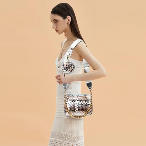 Handmade Woven Small Crossbody Bag for Women with Coin Purse, Designer Shoulder Handbag 3pcs Set, Mini Tote Clutch - color: Silver Multicolor