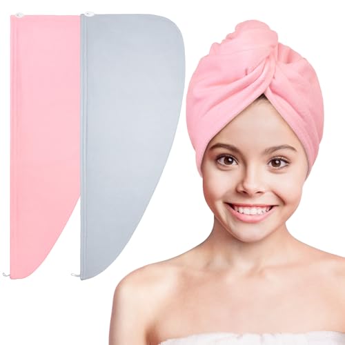 Basumee Microfiber Hair Towel Wrap for Kids 2 Pack Rapid Drying Hair Towel with Button Hair Turbans for Wet Hair Wraps Head Towel Wrap for Women and Girls - color: Pink Gray