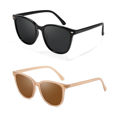 Myiaur Polarized Sunglasses for Women, Trendy Square Shades with UV400 Protection Sun Glasses for Daily (2 Pack) - color: A03 Black+lightcoffee