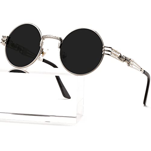 AIEYEZO Round Steampunk Sunglasses for Men Women Retro Circle Hippie Glasses Metal Frame 100% UV Blocking Lens - color: Silver/Grey