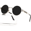 AIEYEZO Round Steampunk Sunglasses for Men Women Retro Circle Hippie Glasses Metal Frame 100% UV Blocking Lens - color: Silver/Grey