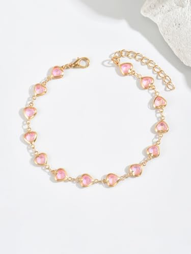 Heart Anklets for Women Crystal Tennis Chain Foot Jewelry Rhinestone Ankle Bracelets for Summer Beach Party - color: Gold/Pink
