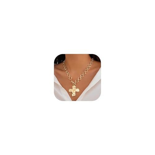 Chunky Cross Necklace for Women Chunky Gold Necklace Statement Cross Pendant Vintage Toggle Clasp Necklace Jewelry for Women - color: A1-Gold Cross Necklace