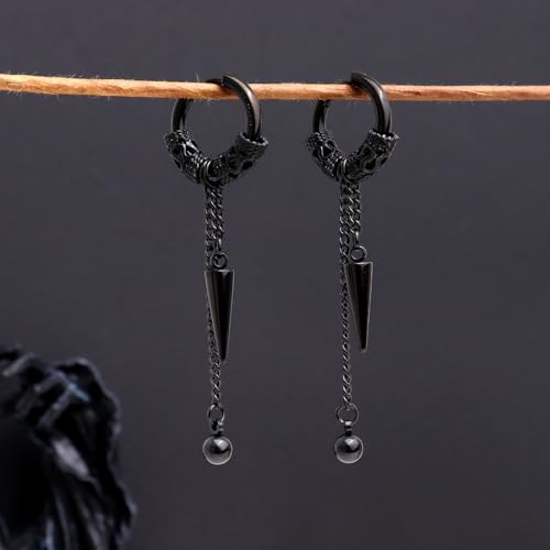 Sonateomber Gothic Silver Black Small Hoop Earrings for Women Men, Punk Hip Hop Engrave Beaded Goth Dangle Drop Earings Halloween Costumes Accessories Prom Fashion Jewelry Gift - color: Black Spike