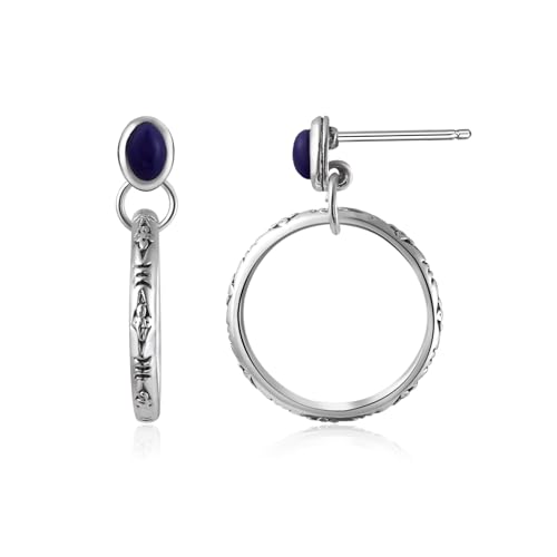 Natural Turquoise Gemstone Birthstone Stud Earrings with Circle Dangle Hoop Earrings Boho style for Vintage Western Jewelry - color: Silver and Dark Blue