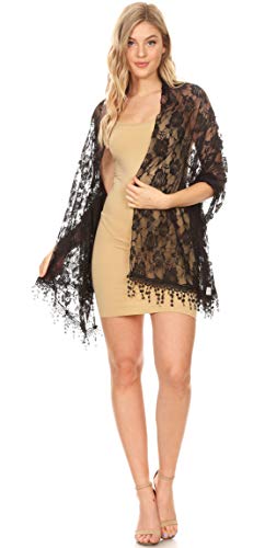 Sakkas Mari Women's Large Lightweight Soft Lace Scarf Wrap Shawl Floral and Fringe - color: Blackroselace