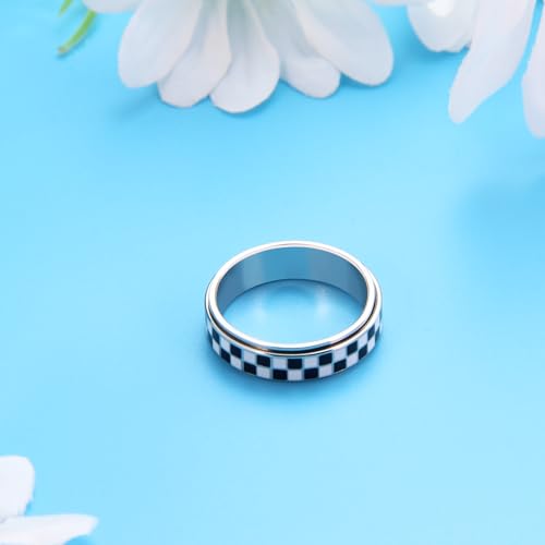 AmorArtSky Checkered Fidget Ring for Adults - 18K Gold Plated Stainless Steel Rotating Spinner Jewelry, Anxiety & Stress Relief Gift for Women/Men (Black and White Pattern) - color: Checkerboard Ring_Silver