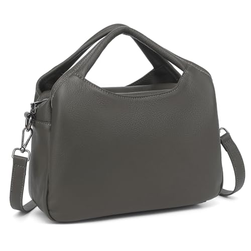 KOGTLA Medium Genuine Leather Purses for Women with Detachable Satchel Strap, Ladies Soft Handbags, Tote Hobo Bags - color: Grey