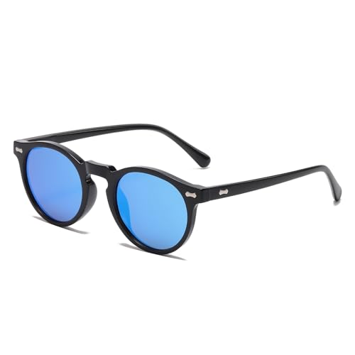 LJCZKA Round Polarized Sunglasses for Men Women Retro Small Face Sunglasses Polarized Vintage Sun Glasses UV400 Protection - color: Black Blue(mirrored)
