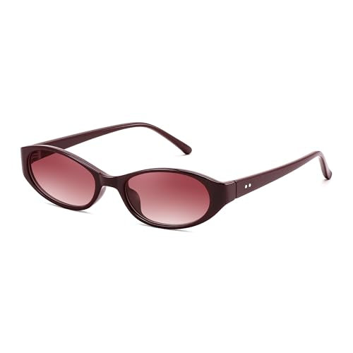 FEISEDY Retro Oval Womens Sunglasses, Trendy Cat Eye Skinny Chic Narrow Y2K 90s Small Sunnies B9177 - color: Wine Red Frame - Gradient Red