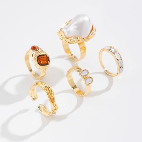 Chunky Gold Rings for Women Non Tarnish Statement Flower Ring Baroque Pearl Stackable Rings Set 6Pcs Chunky Jewelry - color: Gold 2