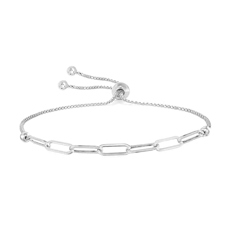 LeCalla Pure 925 Sterling Silver Italian Paperclip Link Chain Bracelets | Gold Over Silver Paper-Clip Link Station Bracelet | Sliding Bolo Bracelet for Women - color: Bead PaperClip Link Bolo
