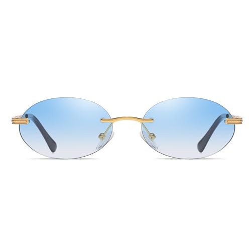 Retro Oval Sunglasses Rimless Small Round Glasses Frameless UV400 Men Women Fashion Shades - color: Blue