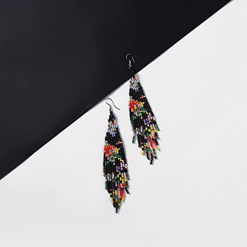 Long Beaded Tassel Earrings - Bohemia Colorful Bead Handmade Beaded Tassel Earrings，Gifts and Christmas - color: Black Flowers