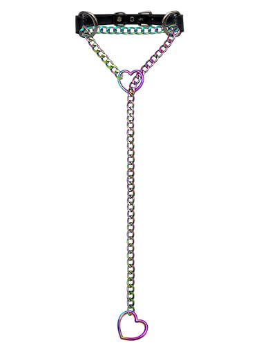 Black Leather Choker Collar For Women, Handmade Heart Slip Chain Choker Long Necklace with Adjustable Buckle - color: B-Black-Rainbow-Rainbow, size: 24''chain