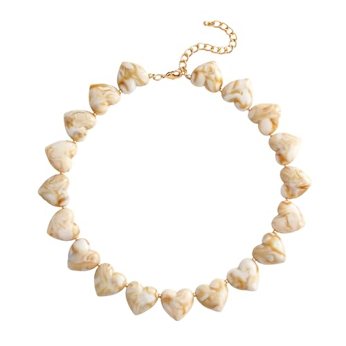 YUJIE Amber Acrylic Heart Choker Necklace for Women Vintage Punk Chunky Necklace Trendy Fashion Accessory - color: beige