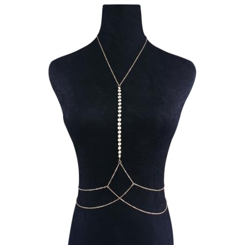 Bounzhi Rhinestone Crossover Body Chain Bra Shiny Crystal Chest Harness Bikini Body Jewelry - style: Sequin-Gold