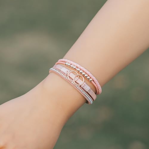 FANCY SHINY Boho Leather Wrap Bracelet Stackable Infinity Chunky Cuff Bracelets Western Hippie Outfits Jewelry Valentine Gifts for Women - color: Pink