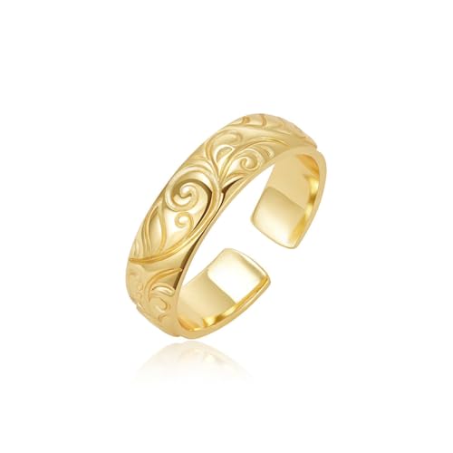 KissYan Adjustable Open Ring for Women, 14K Gold Plated Vintage Statement Leaf Pattern Band Ring with CZ, Dainty Trendy Jewelry Gift - style: Style2