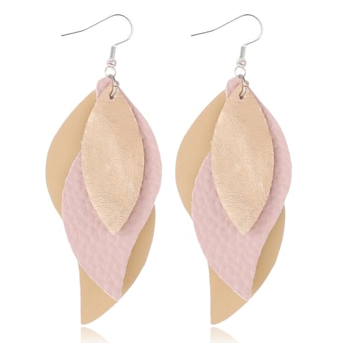 ANXIN boho unique Leather Earrings 2 Layered Lightweight Faux Leather Leaf Earrings Layered Design Drop Earrings Gift for Women - color: Style G