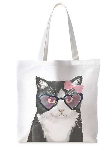 Preppy Animal Tote Bag, Pet Canvas Tote Bag, Reusable Grocery Shopping Shoulder Bags - color: Cat