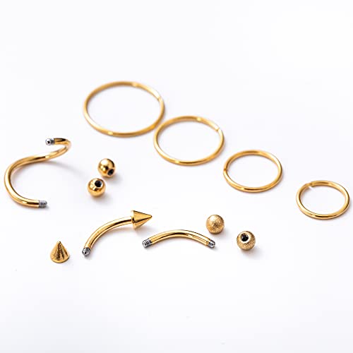 REVOLIA 32Pcs Stainless Steel Cartilage Stud Earrings for Women Conch Helix Tragus Daith Conch Hoop Earing Piercing Jewelry Set - color: Gold-tone
