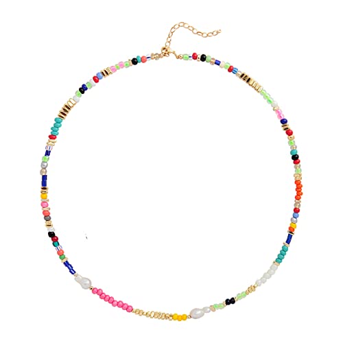 Wellike Freshwater Pearl Beaded Necklace for Women Handmade Boho Colorful Glass Beads Choker Necklace Stainless Steel 18K Gold Plated Bohemian Women Summer Jewelry Gifts - color: KKWX921AMZ