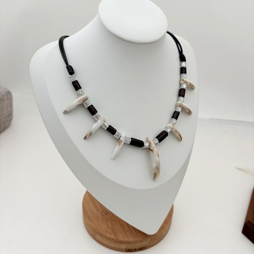 Wolf Wood Beads Tooth Necklace for Men Women Tribal Caveman Adjustable Resin Tooth Pendant Necklace