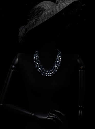 COOLSTEELANDBEYOND Crystal Beads Statement Necklace, Three-strand Layered Necklace, Waterfall - color: C-Color: Blue & Gold
