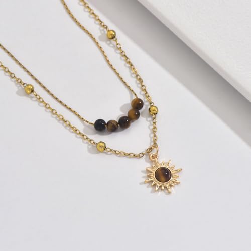 MYANAIL Tigers Eye Stone Sun Pendant Layered Necklaces for Women 14K Gold Maillard Tiger's Eye Beaded Choker Necklace Jewelry Accessory Spiritual Healing Stone Stacked Chain Necklaces - color: Gold