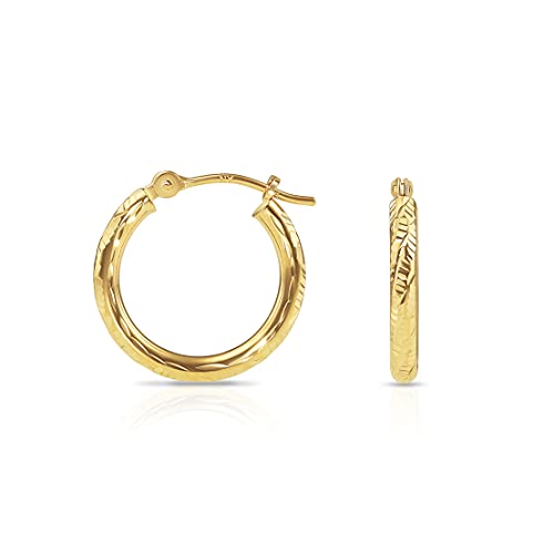 14k Yellow Gold Hand Engraved Diamond-cut Round Hoop Earrings - style: 16mm (0.63 inch)